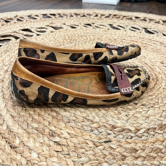 SAM EDELMAN Leopard Faux Fur Leather Penny Loafers Shoes Driving 6M - Picture 1 of 4